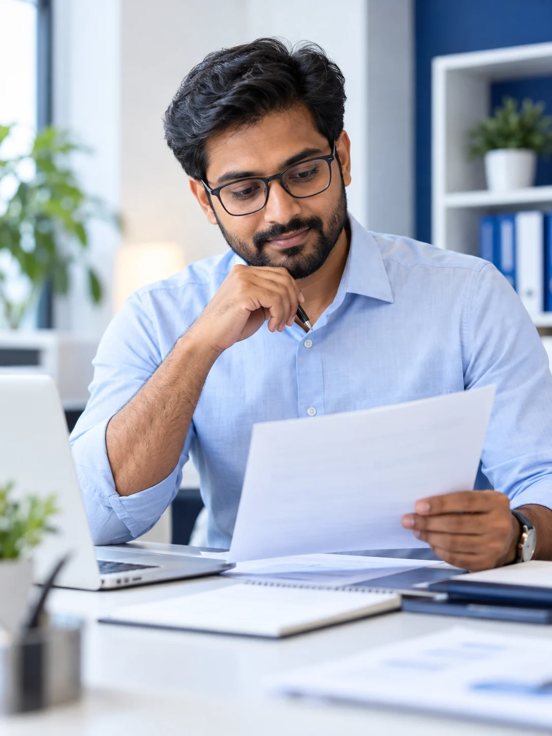 Illustrative accounting professional reviewing business documents.